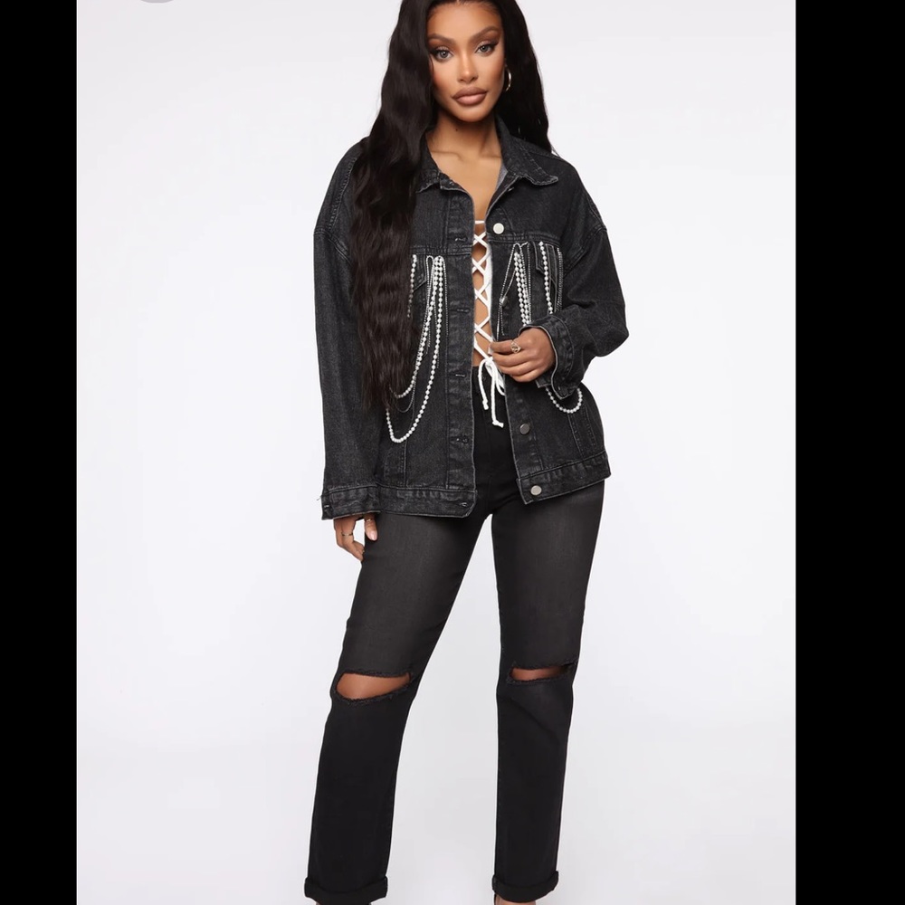 Fashion Nova acid wash denim jacket with pearls and silver chains